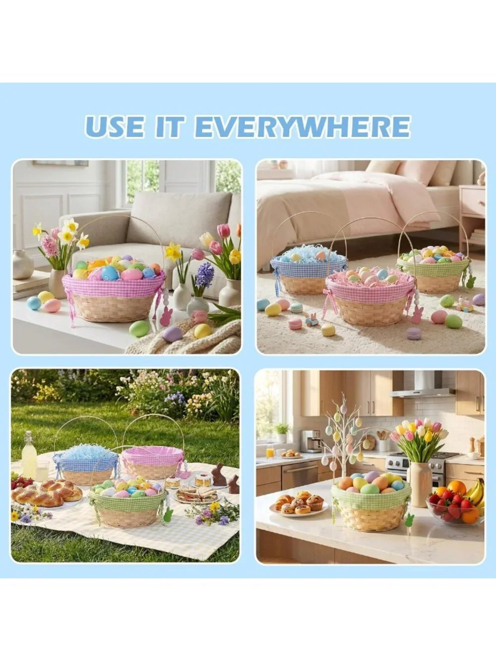 Personalized Large Easter Baskets for Kids - 3 Pcs Wicker & Rope, Colorful Gift